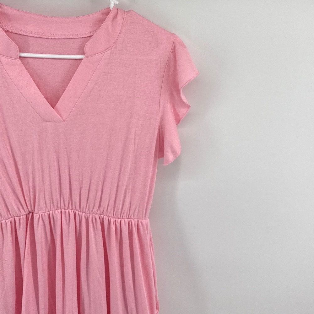 Yesfashion Pink Tiered Midi Dress Ruffle Cap Sleeve V-Neck Elastic Waist Small - Picture 4 of 7